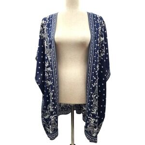 Kimono‎ Cardigan Duster Blue White Floral Print Bohemian Casual Open Front
